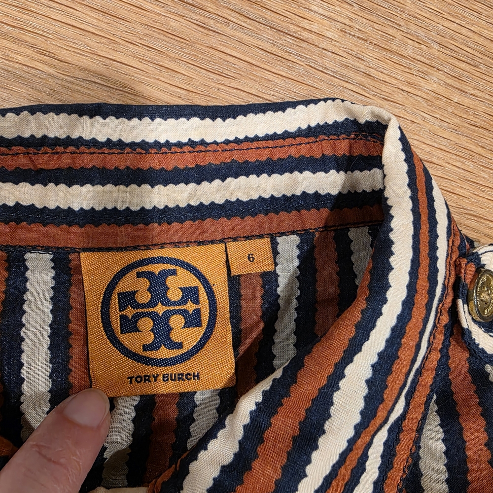 Tory Burch Button Down Dress Shirt Long Sleeve Stripe Blue Cream Orange Size 6 - Picture 7 of 11
